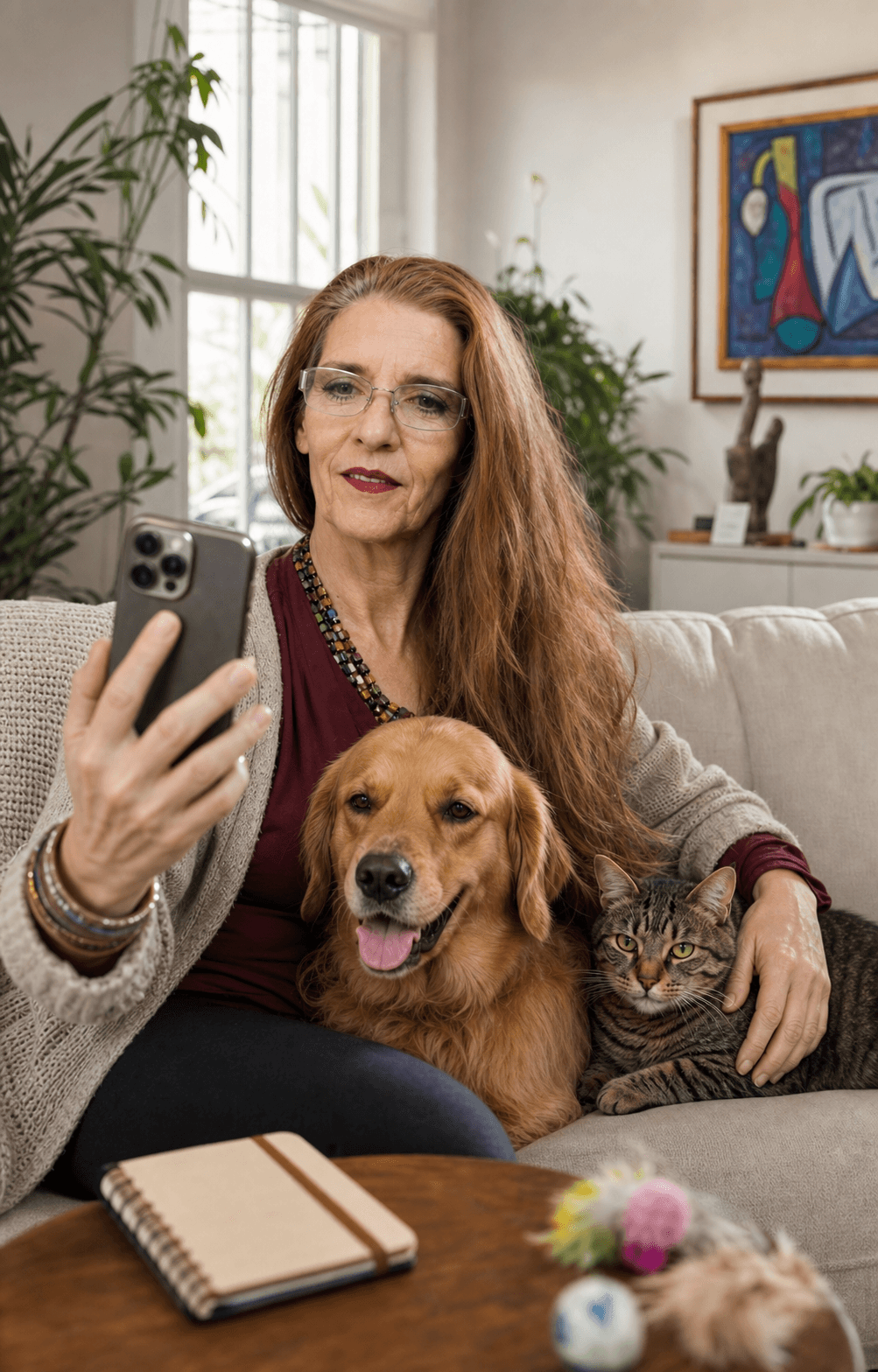 Sylvia registrando uma atualização enquanto cuida de cães e gatos