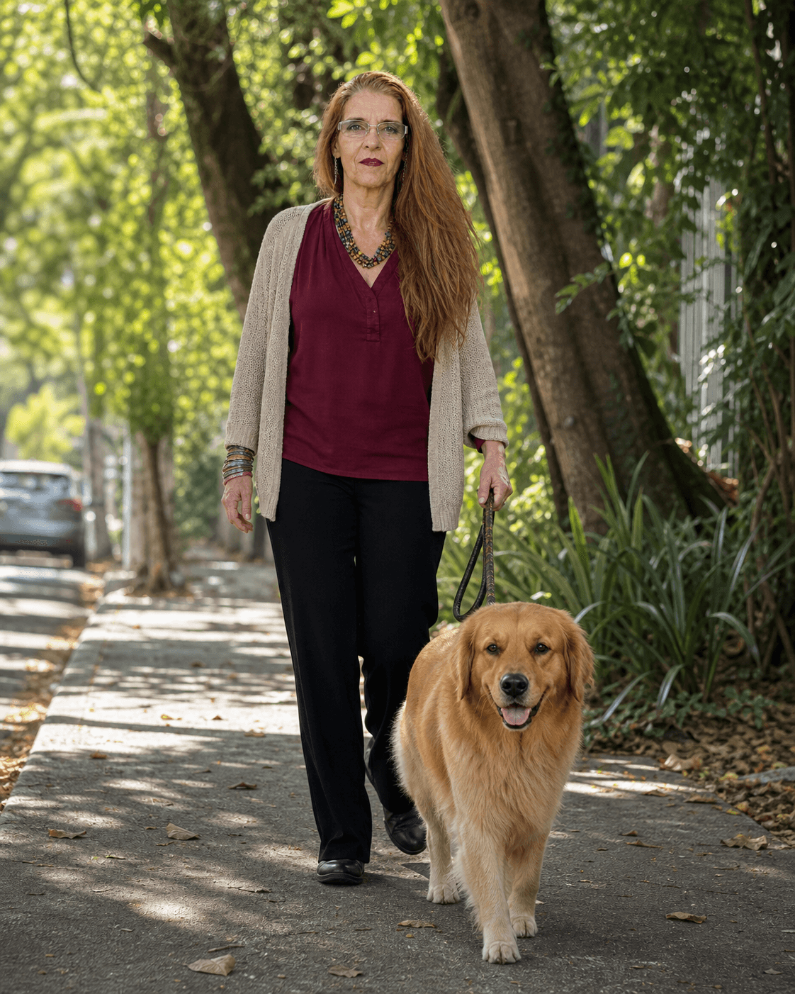 Sylvia passeando com um cachorro em uma rua arborizada